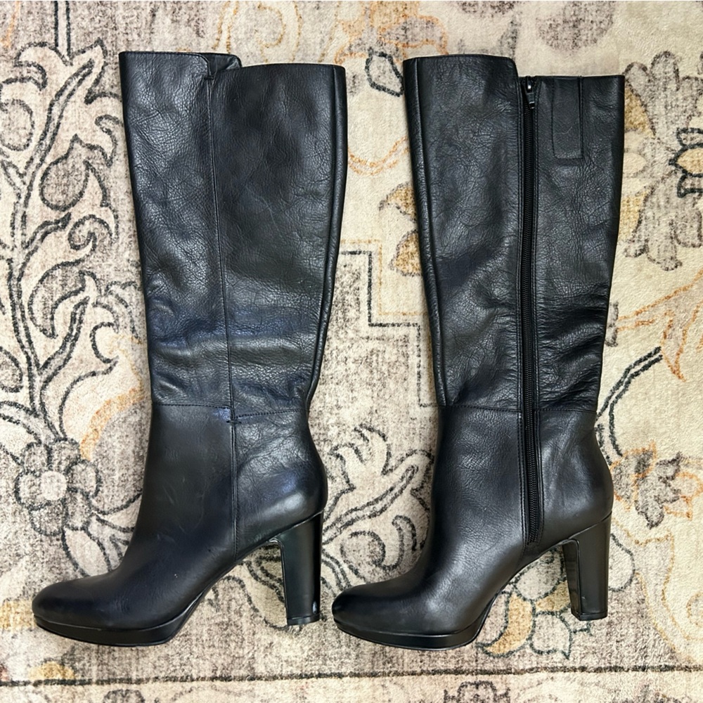Nine West Padillao Black Leather Platform Knee High Boots - Size 7